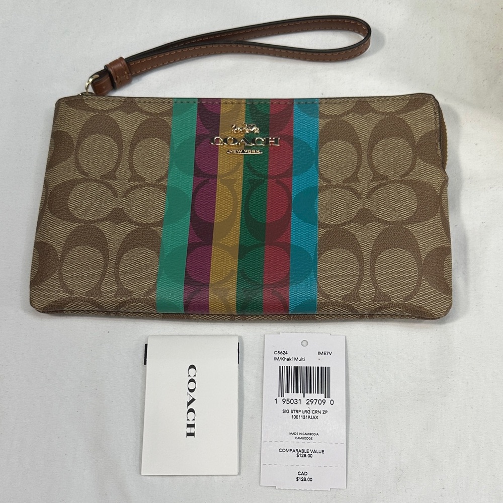 Nwt Coach Signature Large Corner Zip Stripe Wristlet Wallet Canvas Bag monogram